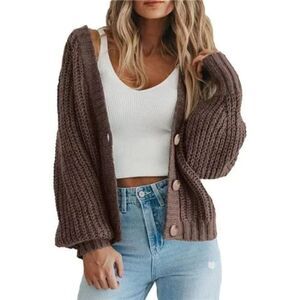 Long Sleeve Button Loose Short Cardigan Outerwear Coats Coffee